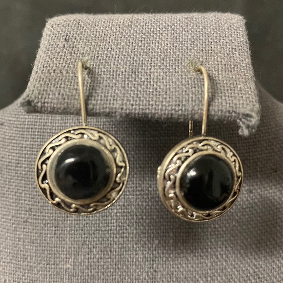 Vintage Black onyx in silver metal design frame pierced earrings with necklace - Picture 4 of 13